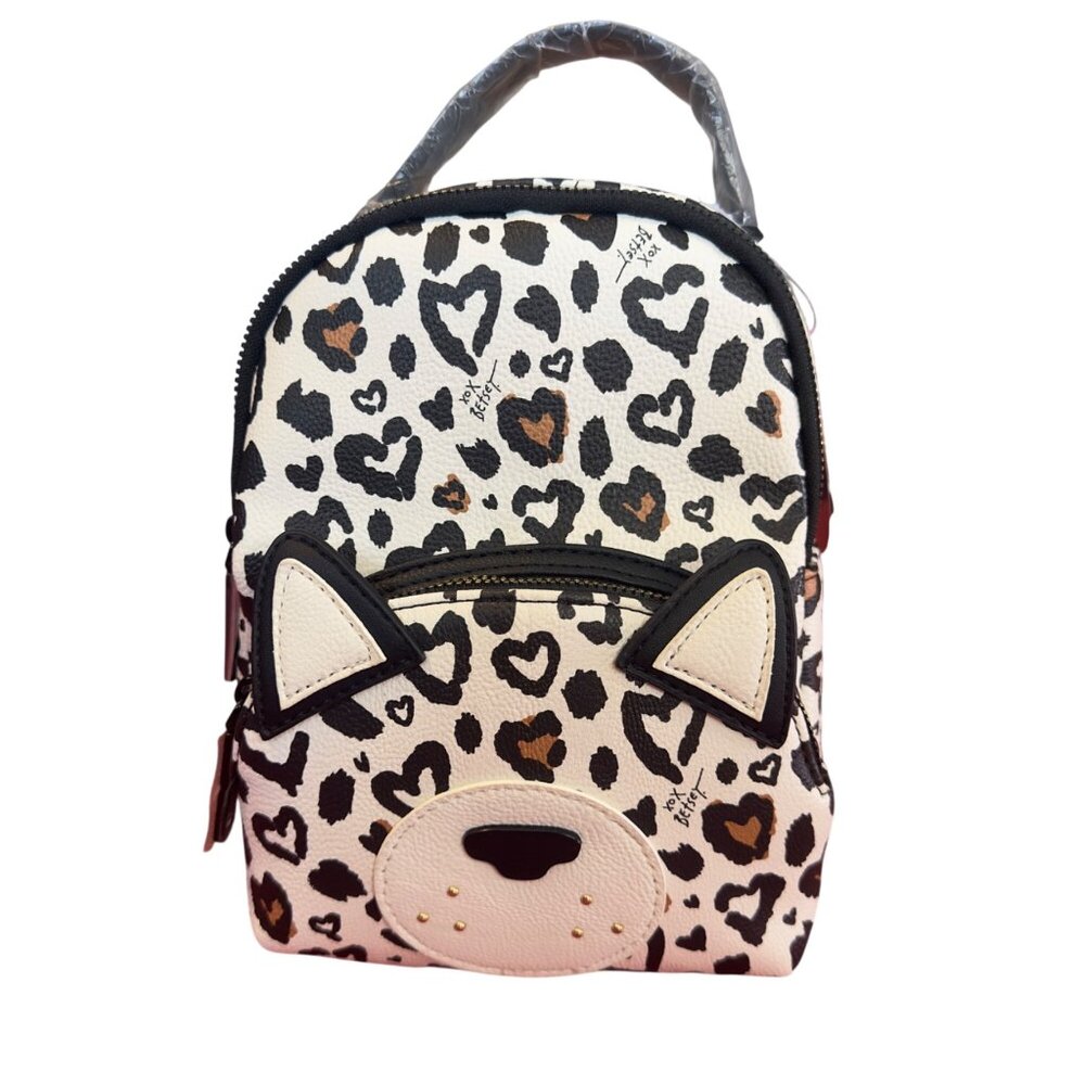 Betsey Johnson Convertible Mini Backpack Crossbody Leopard Heart Print With Cat